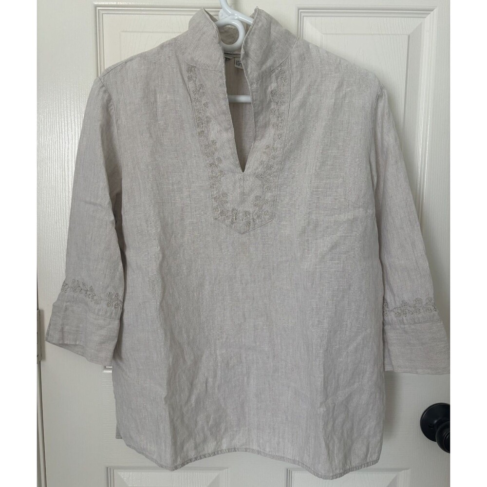 EDWARD WOMAN BEIGE LINEN BUTTON FRONT IRISH LINEN SHIRT Large Beading